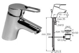 Сан Ремо смеситель для умывальника,гибкая подводка 1/2,донный клапан, хром Ideal Standard B7510AA